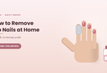 how to remove dip nails at home shown with a hand and one fingertip wrapped in foil