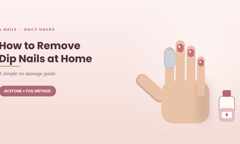 how to remove dip nails at home shown with a hand and one fingertip wrapped in foil
