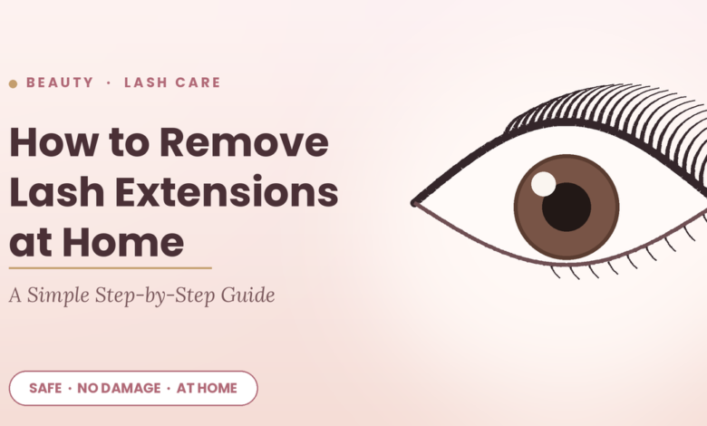 how to remove lash extensions at home shown with an eye and long lash extensions