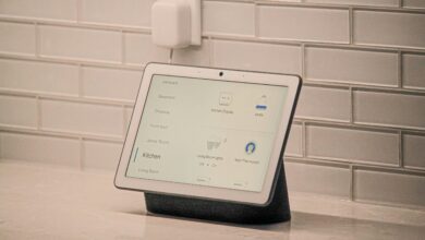 How to connect Google Home to wifi shown on a Nest Hub display controlling lights and a thermostat in a kitchen