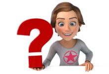 A smiling 3D cartoon character holding a big red question mark, asking what celebrity am i