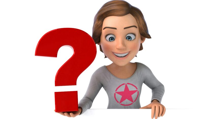 A smiling 3D cartoon character holding a big red question mark, asking what celebrity am i