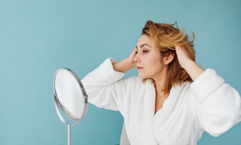 Before-and-after view of brassy blonde hair transformed into a cooler, evenly toned shade using an at-home hair toner.