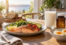 Grilled salmon, eggs, fortified milk, and vitamin D supplements in morning sunlight
