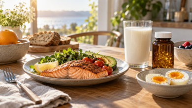 Grilled salmon, eggs, fortified milk, and vitamin D supplements in morning sunlight