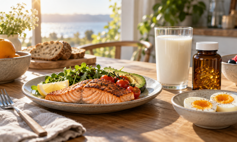 Grilled salmon, eggs, fortified milk, and vitamin D supplements in morning sunlight